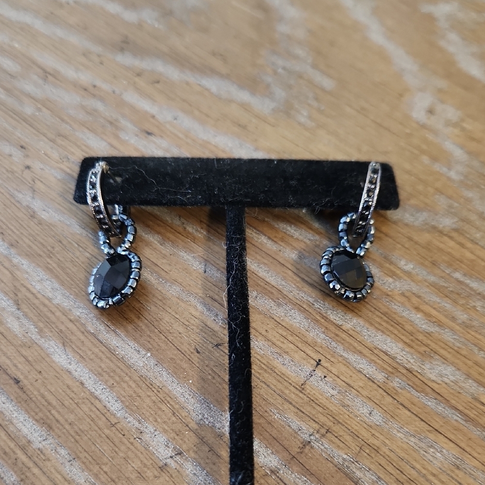 Black Stone Huggie Earrings with Removable Dangle
